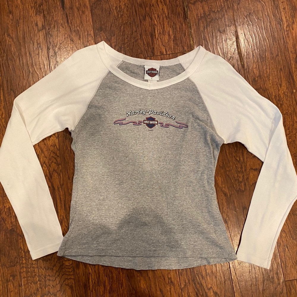 Harley Davidson ribbed baseball top white and grey